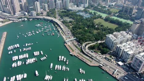 Aerial-view-of-Hong-Kong-waterfront-skyscrapers-and-coastline