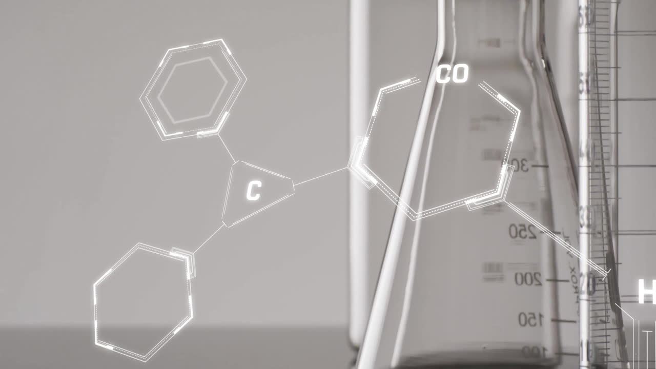 회색 바탕에 실험실 접시 위에서 과학적 데이터 처리의 애니메이션