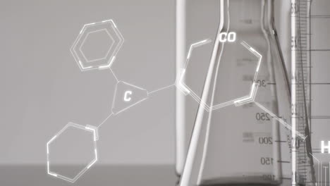 Animación-Del-Procesamiento-De-Datos-Científicos-Sobre-Platos-De-Laboratorio-Sobre-Fondo-Gris