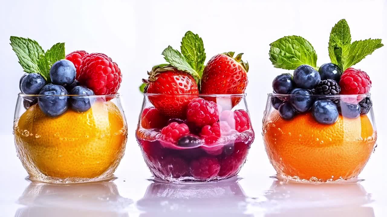 Vibrant Fruit and Berry Refreshments with Mint and Water Splashes
