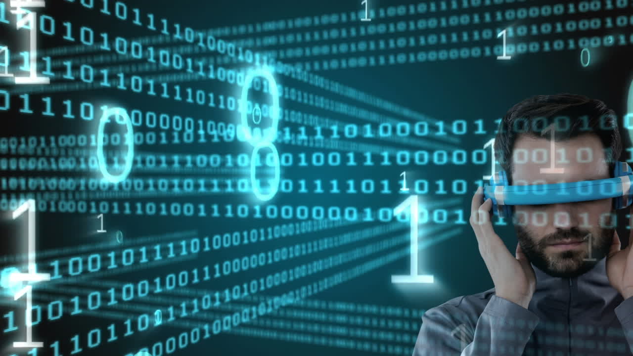 procesamiento de datos de codificación binaria sobre un hombre caucásico que lleva gafas vr contra un fondo negro