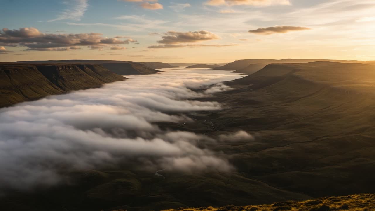 Dramatic Sunset Over a Valley Filled with Clouds, Showcasing Nature's Stunning Landscape and Beautiful Atmospheric Conditions in a Serene Setting