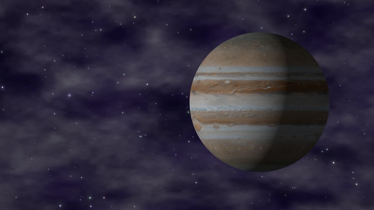 A detailed 3D animation of Jupiter rotating against a dark purple nebula and starry background