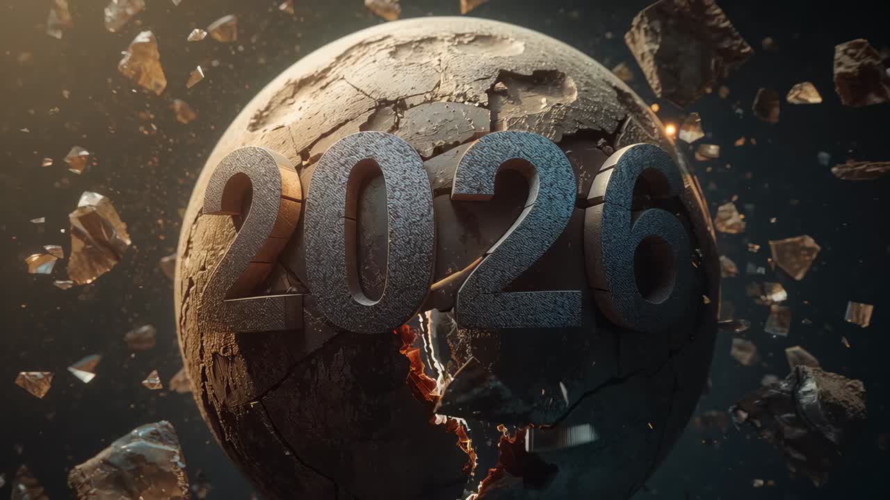 Cracking rocky orb revealing molten core, debris from heat in void, with numerals 2026