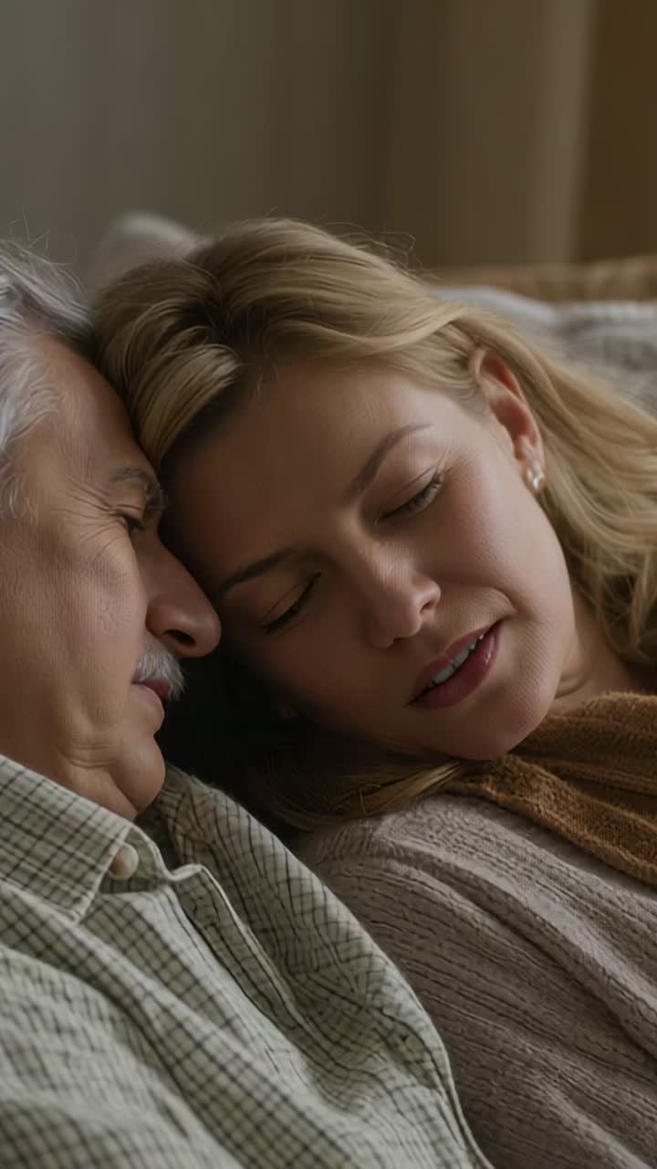 Vertical video: Resting woman initiating closeness, nestling against senior man on couch with scarf
