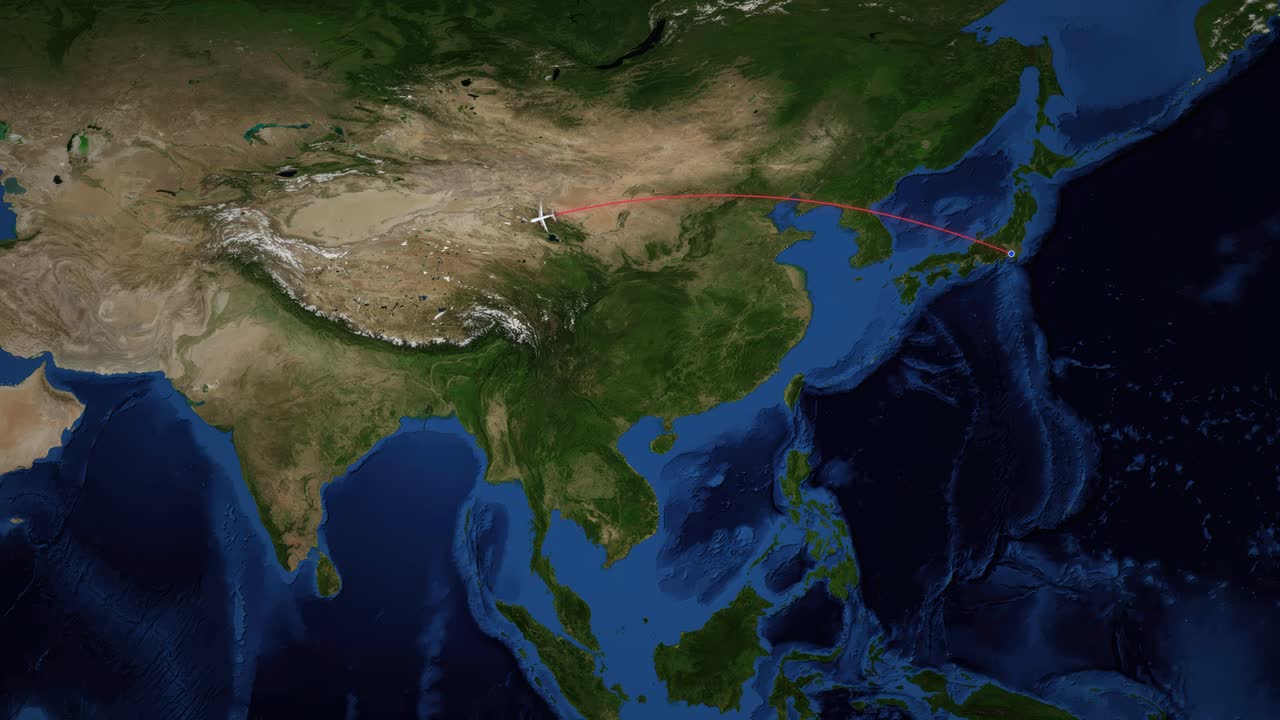 Icona aereo segue rotta di volo rossa da Tokyo a Delhi su una mappa satellitare realistica