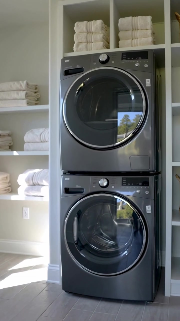 Vertical video: Zooming cam showing stacked washer dryer at home, towels, basket to show reflection