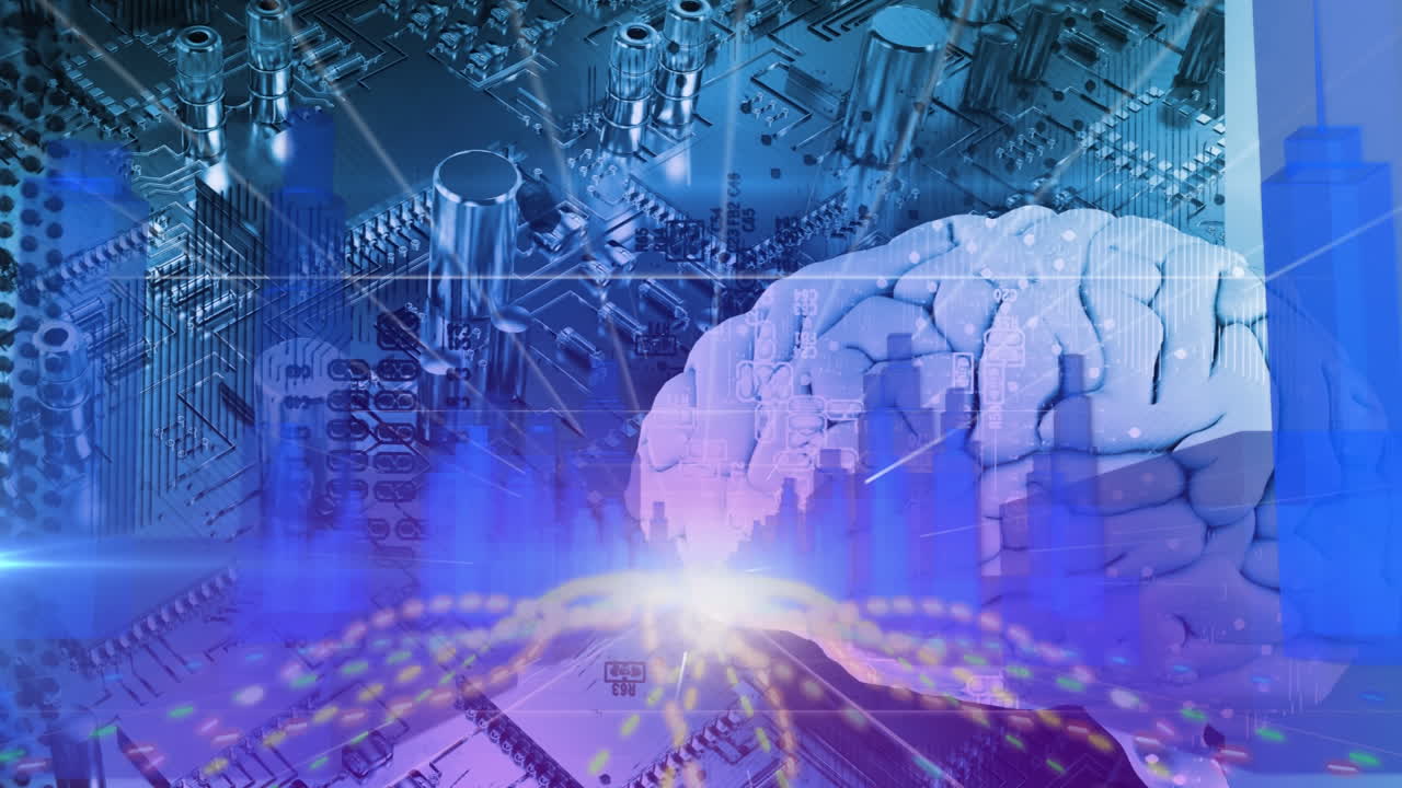 3d 도시 모델의 애니메이션과 인간의 뇌에 대한 빛의 점, 마더보드의 클로즈업