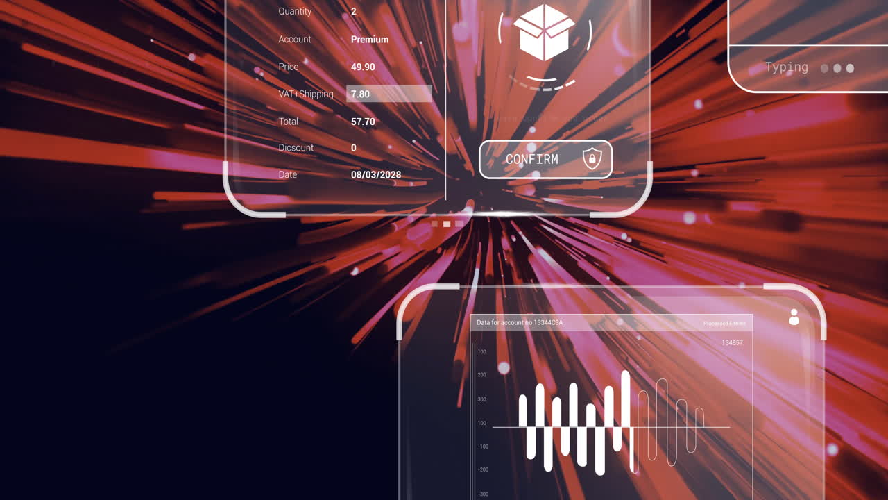 Animation of financial data and graphs on digital interface with red background