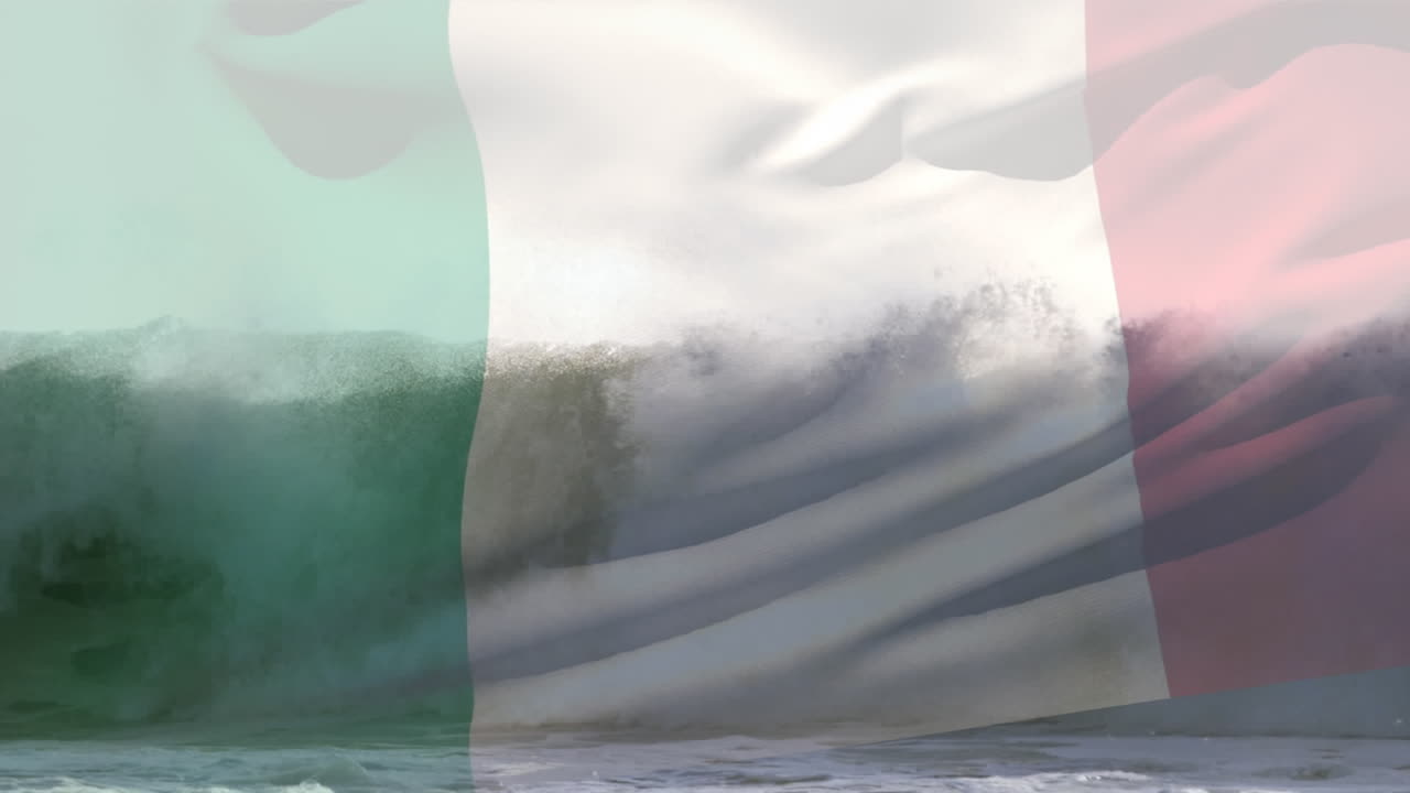 Animazione della bandiera dell'Italia che sventola su un paesaggio marino con spiaggia.
