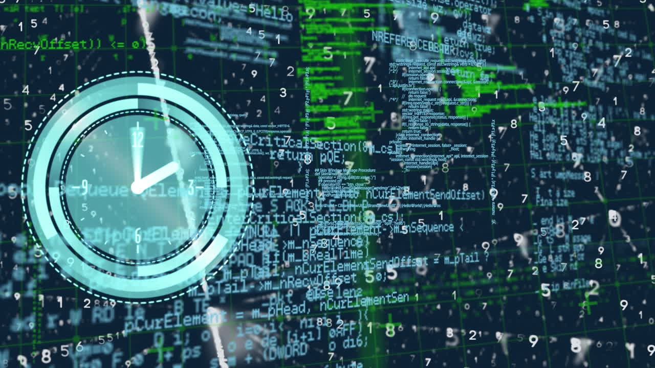 Animation of clock moving over data processing on black background