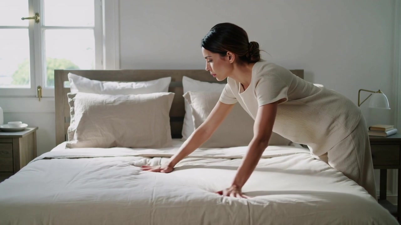Mujer entrando al dormitorio, vestida con un atuendo neutro claro, haciendo la cama alisando el edredón y las almohadas.