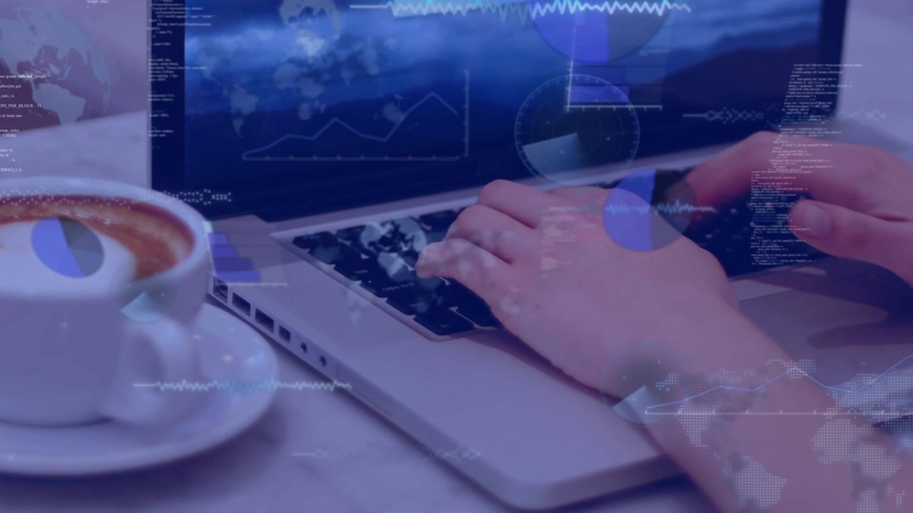 Typing hands initiating overlays, charts and code sliding across laptop to visualize data work