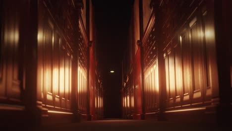 Animation-of-old-wood-panelled-corridor-in-scary-dark-interior