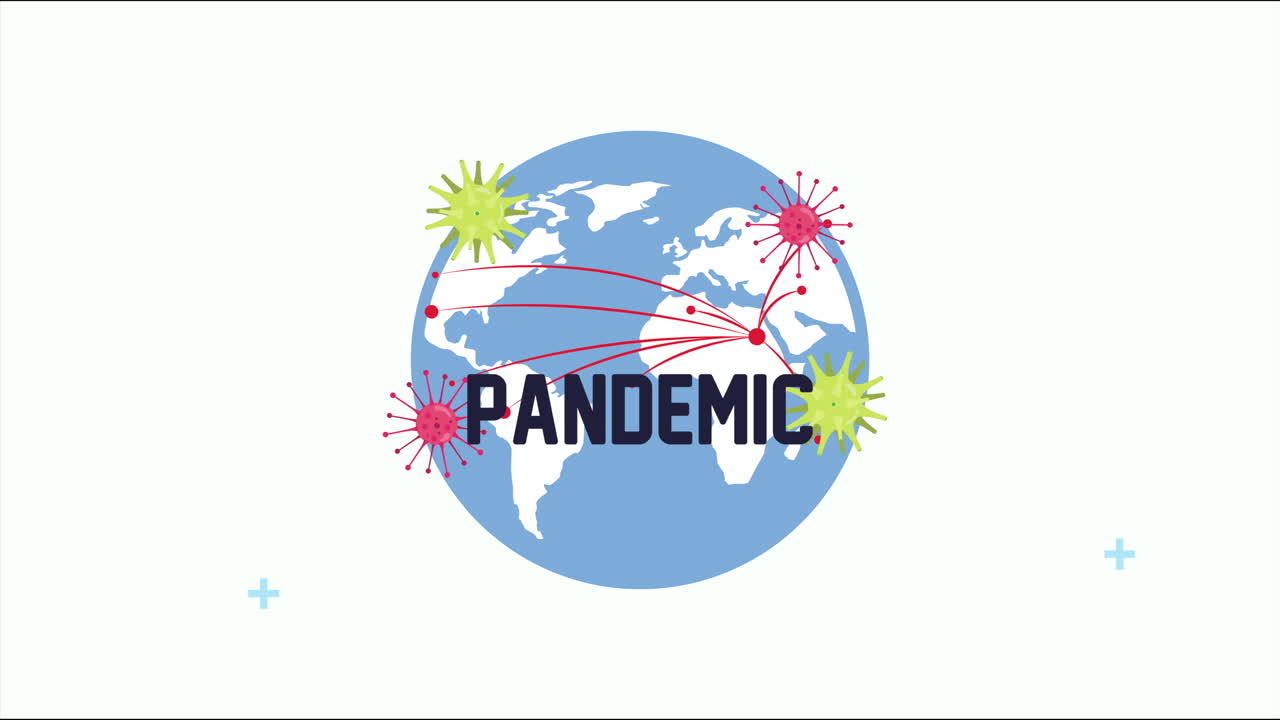 코로나19 입자와 팬데 단어가 담긴 지구 행성