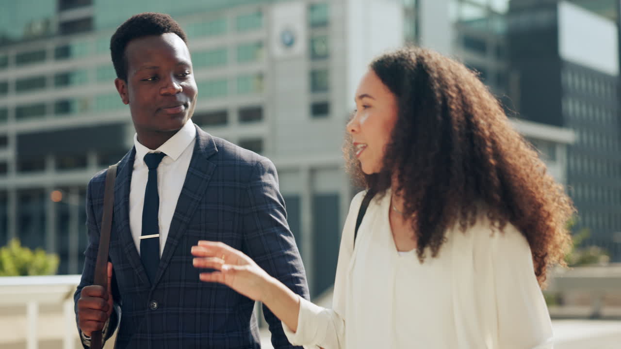 Business people, walking and conversation in city