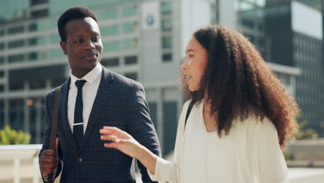 business people, walking and conversation in city