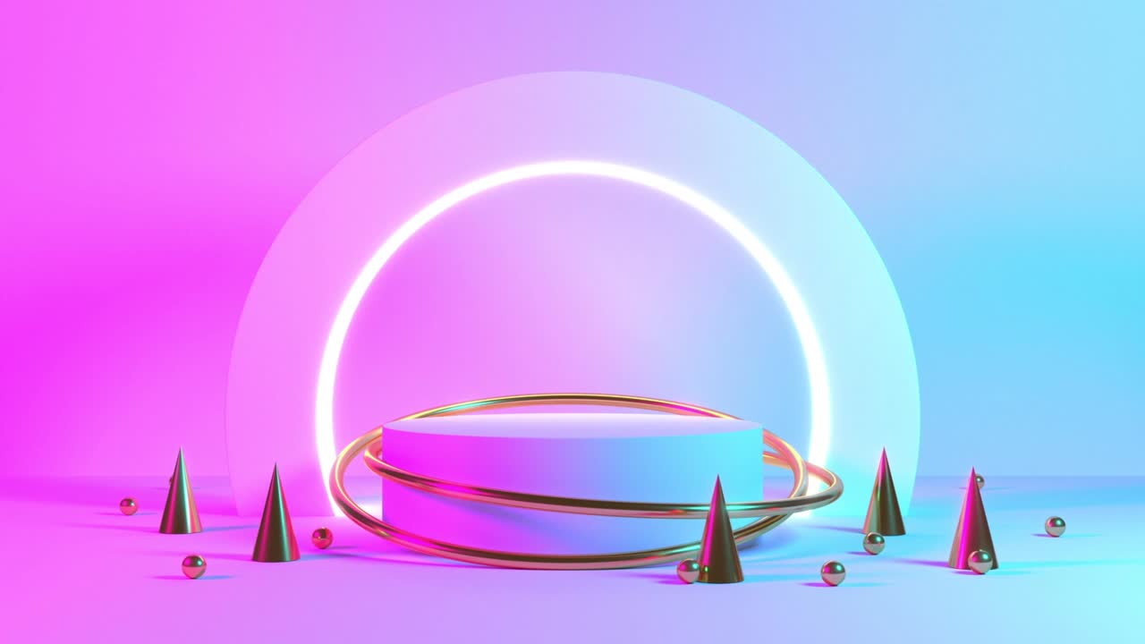 producto de soporte azul rosa violeta neón fondo abstracto, estudio luz ultravioleta moderna, interior de la habitación pastel, podio brillante, decoraciones del escenario de actuación, escenario para el círculo de luz. renderización 3d