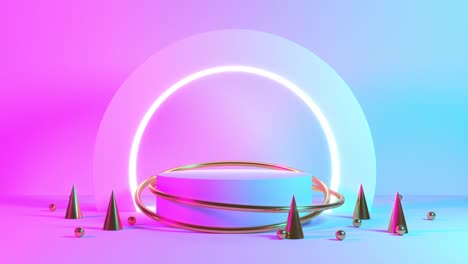 product stand blue pink violet neon abstract background, studio modern ultraviolet light, room pastel interior, glowing podium, performance stage decorations, stage for circle of light. 3d rendering