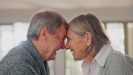 happy senior couple, foreheads and love in care