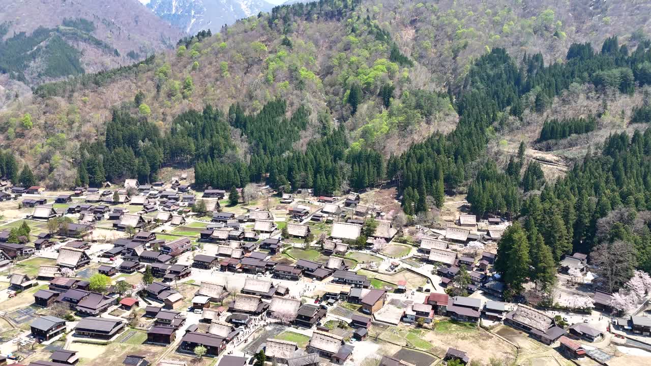 Shirakawago, Japan, Aerial. Whole village with river