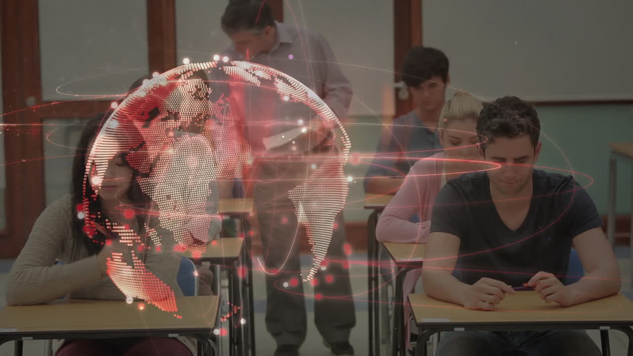 교실에서 교사와 학생들을 연결하는 네트워크와 함께 반 ⁇ 이는 지구의 애니메이션
