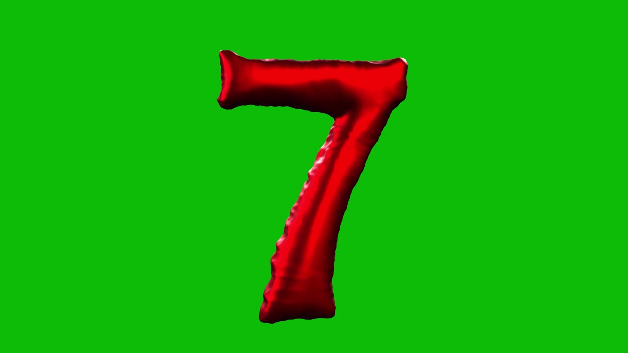 Red Foil balloon number 7 inflates, spins, and reveals on green screen in 3D animation. Ideal for celebrations, parties, birthdays, and video editing projects