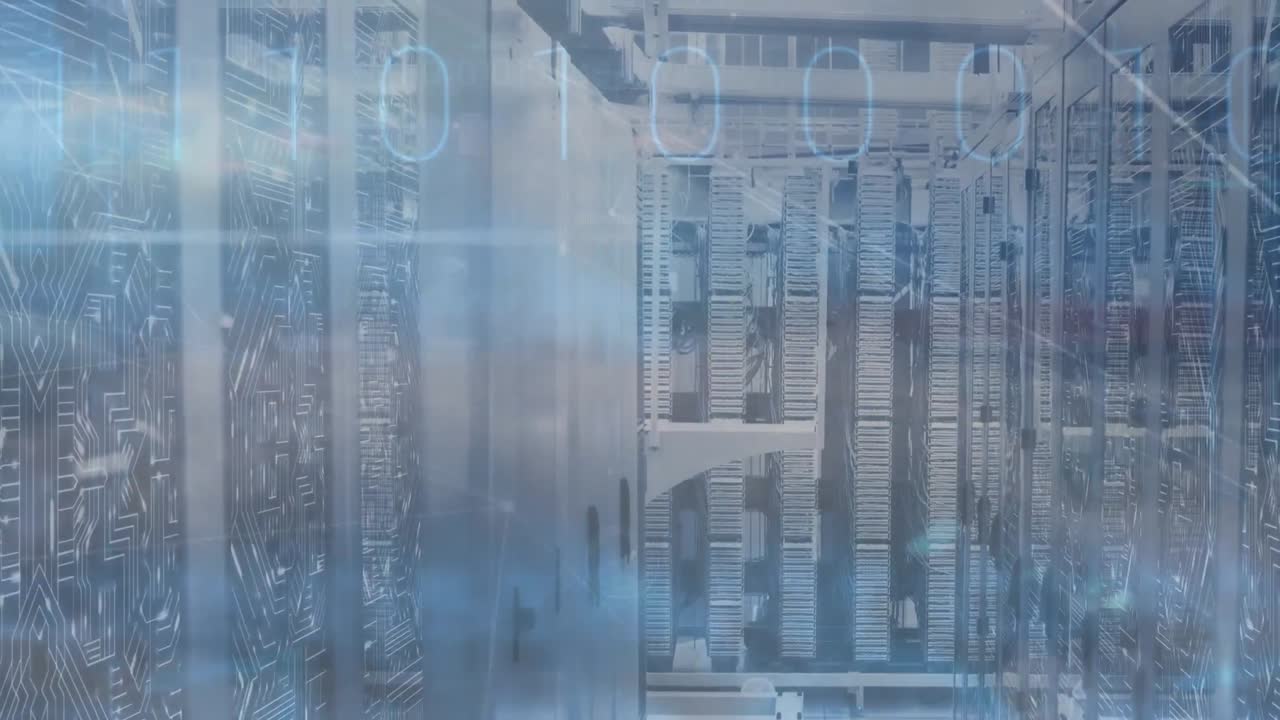 Animation of network of connections over computer server room against clouds in blue sky
