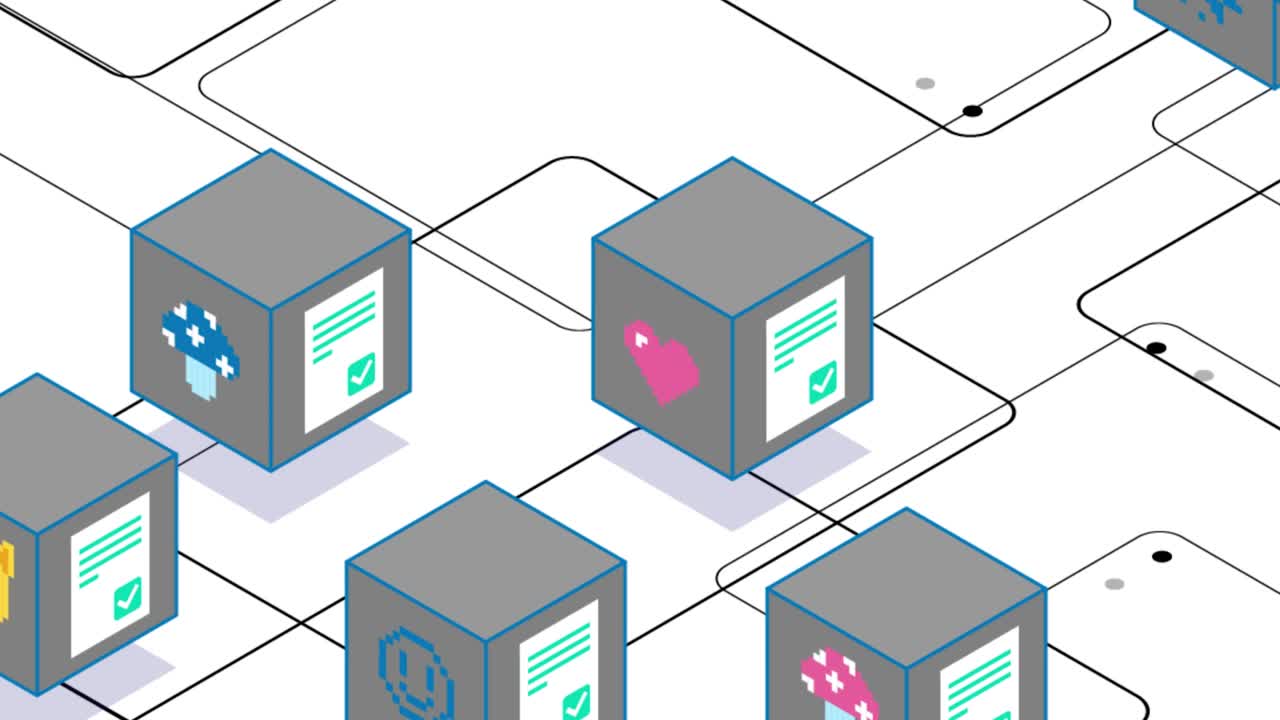 Gray Virtual Blocks NFT CryptoArt Animation on a White Background. Money Transaction. Blockchain Technology. NFT Metaverse Concept. 4K