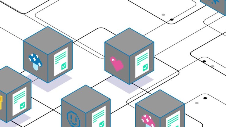 Gray Virtual Blocks NFT CryptoArt Animation on a White Background. Money Transaction. Blockchain Technology. NFT Metaverse Concept. 4K