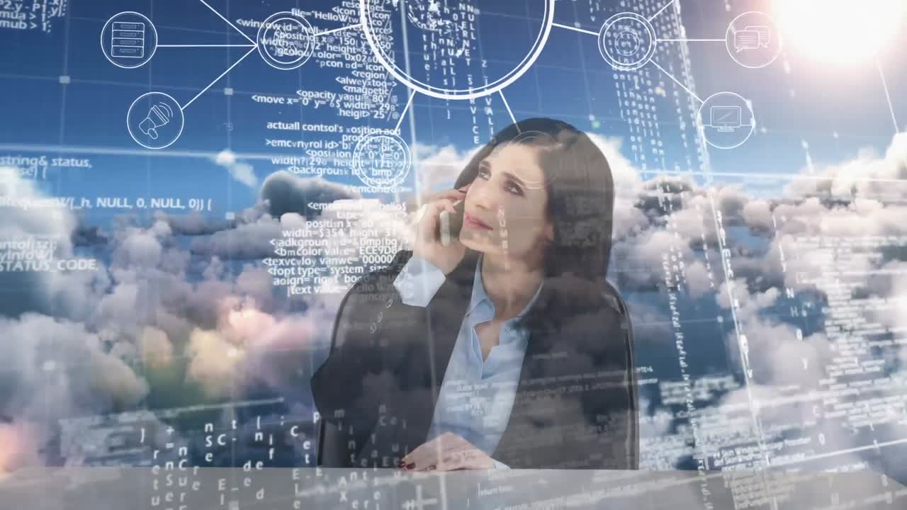 스마트 폰으로 이야기하는 사업가 여성의 애니메이션, 데이터 처리, 하늘에 대한 연결 네트워크