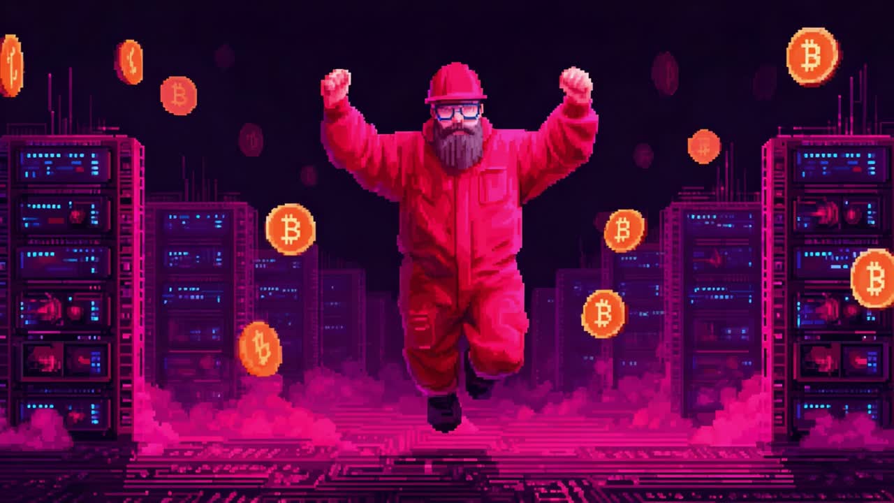 A jubilant figure in a vibrant red outfit leaps joyfully amidst a digital landscape filled with floating cryptocurrency coins, symbolizing excitement in the world of finance