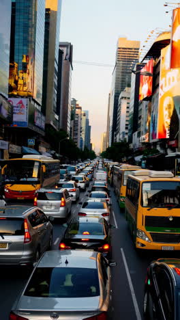 traffic jam in a busy city street with a police officer directing cars