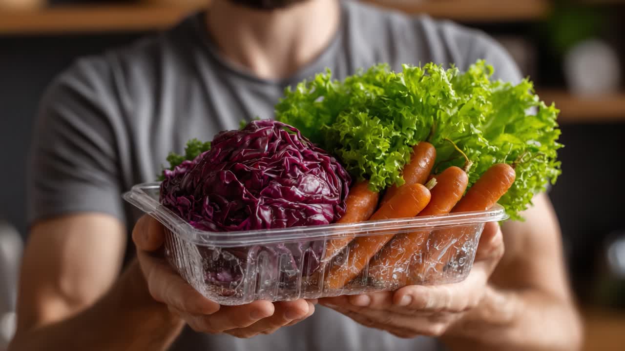 A Close-Up of Fresh Vegetables: A Person Holding a Container of Purple Cabbage, Crisp Lettuce, and Vibrant Carrots Showcasing Healthy Eating Choices and Natural Produce
