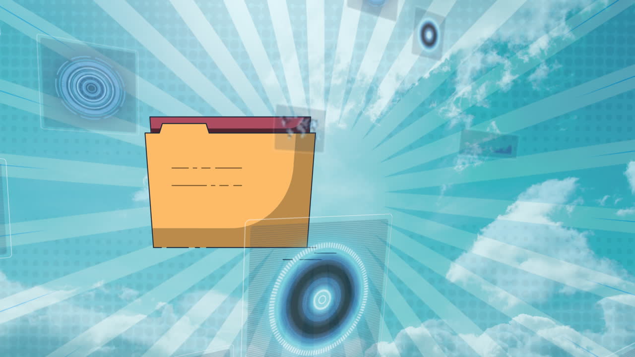 animación de carpetas y pantallas digitales sobre fondo azul