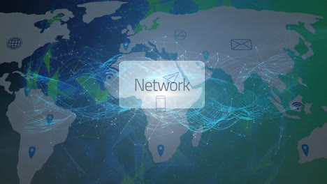 animación de comunicación de red sobre mapa del mundo con íconos de correo electrónico y ubicación