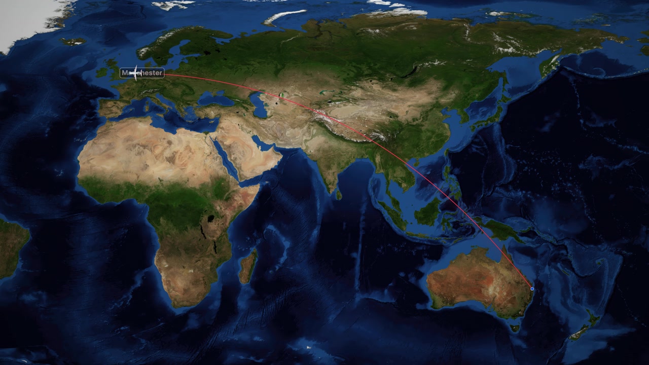 Airplane icon follows red line across satellite world map from Brisbane to Manchester airport