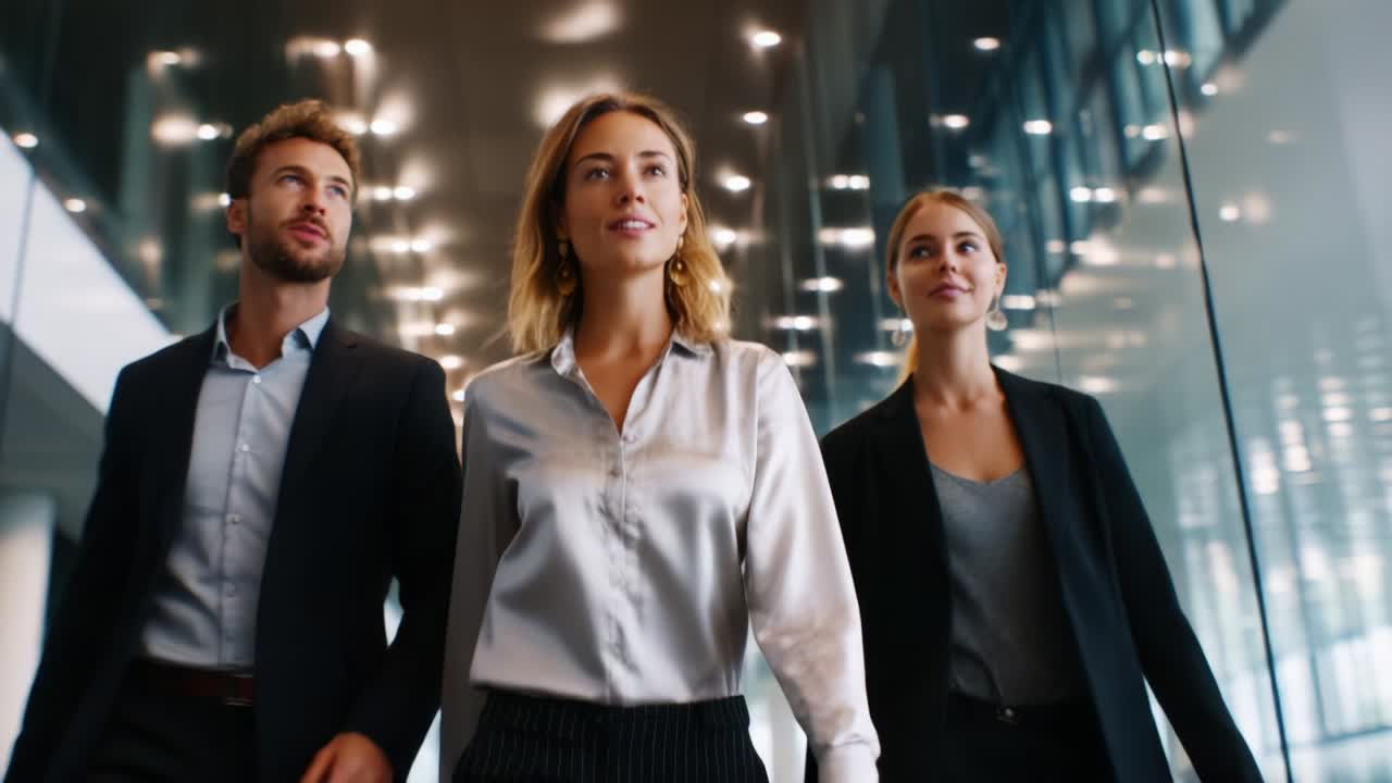 A group of three confident professionals walking together through a modern office space, showcasing their collaboration and determination as they engage in a meaningful conversation while dressed in stylish attire