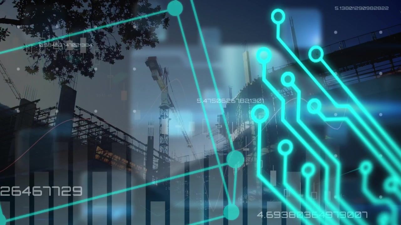 Animation einer Computerplatine und Datenverarbeitung über einer Baustelle.