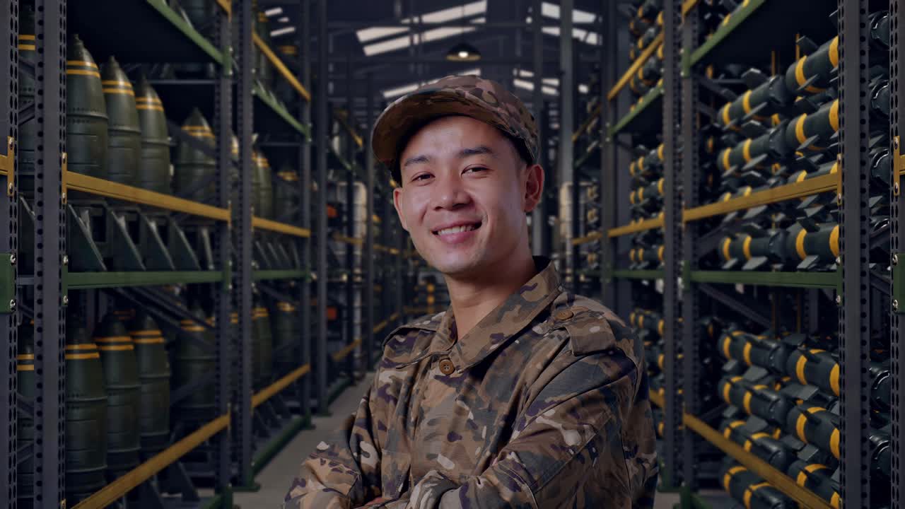 弾薬倉庫に立ち、腕を組みながら笑顔を見せるアジア人兵士の側面からのクローズアップ