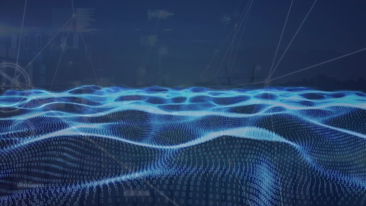 Animation of 3d blue neon landscape, connecting dots with data processing on digital interface