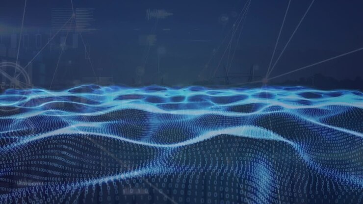 Animation of 3d blue neon landscape, connecting dots with data processing on digital interface