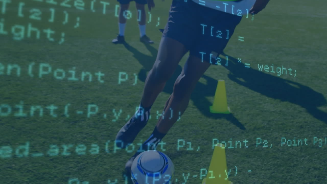 스포츠 필드에서 연습하는 아프리카계 미국인 남성 축구 선수에 대한 데이터 처리