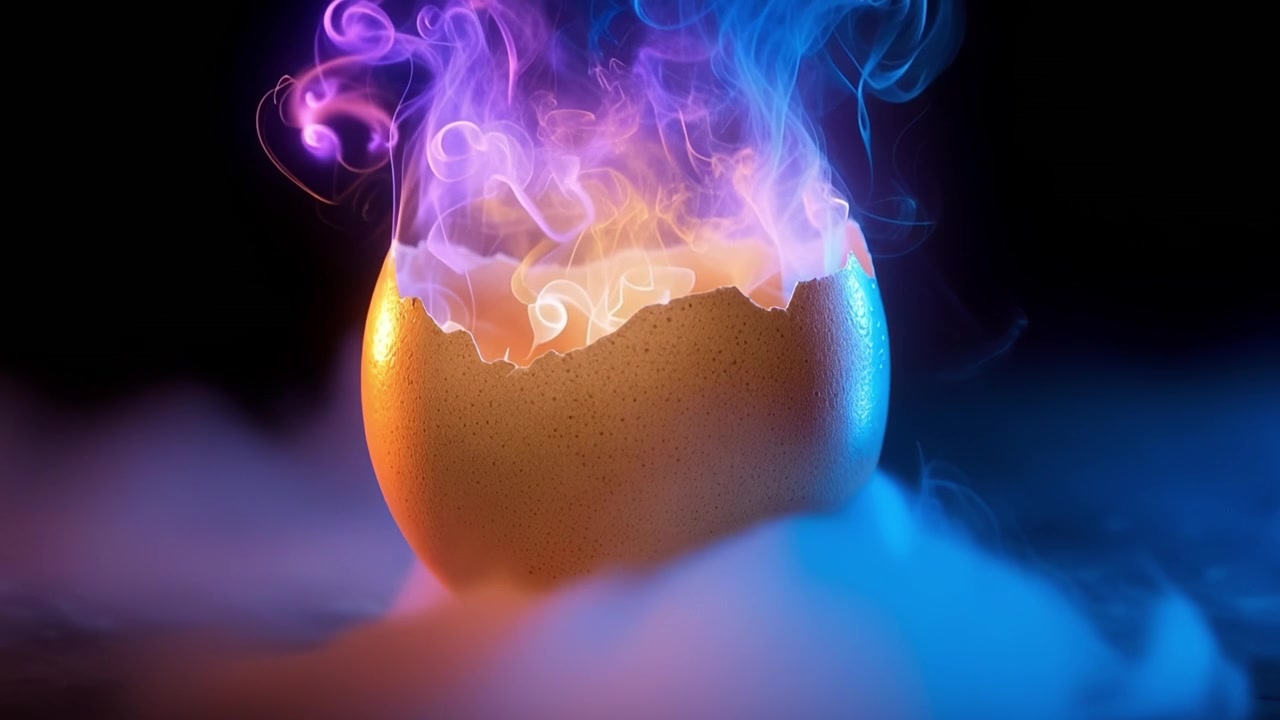 Guscio d'uovo incrinato che si illumina con fumo colorato su sfondo scuro.