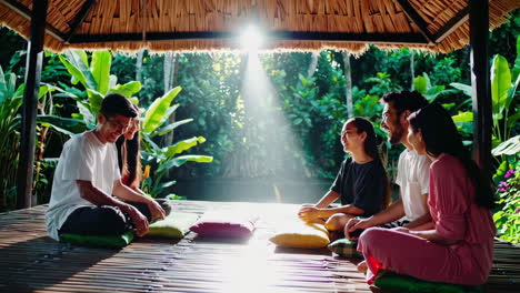 happy family enjoying a day out in a tropical hut