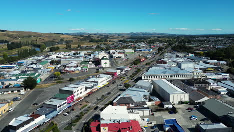 Aerial-view-on-Gore-town-downtown-and-highway,-New-zealand