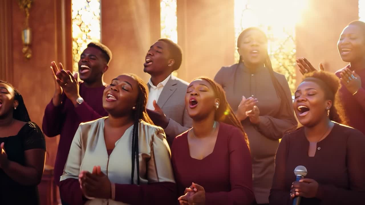 Gospel choir joyfully singing and clapping fills a church, illuminated by warm sunlight streaming through vibrant stained glass windows, creating a scene of faith and community