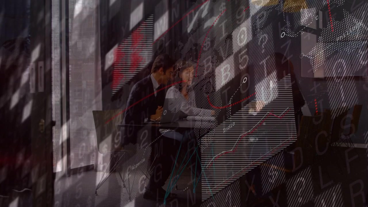 Man tapping laptop, causing data grid and red trend line rising while team analyzing finance data