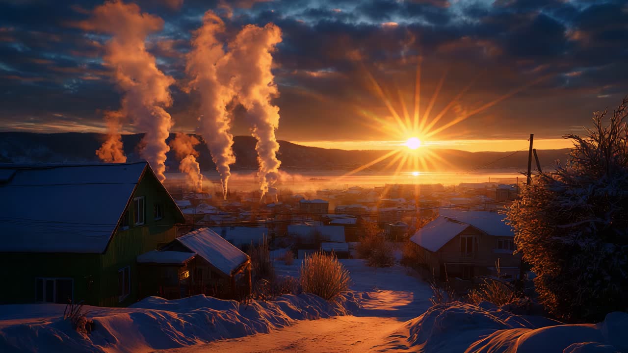 Stunning Winter Sunrise over a Snowy Village with Steam Rising from Industrial Chimneys, Illuminating the Scenic Landscape in Warm Golden Hues, Creating a Beautiful Contrast against the Cold Surroundings