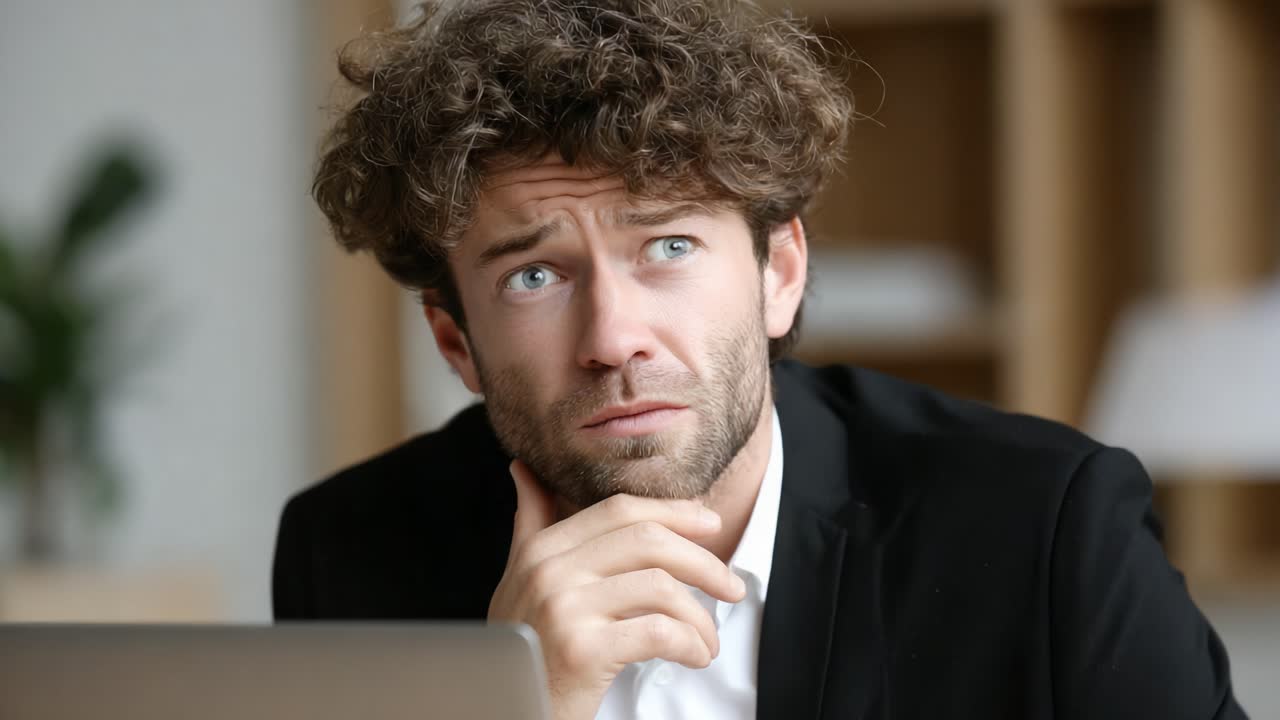 A Thoughtful Man in Business Attire, Contemplating Decisions While Working at His Laptop in a Modern Office Environment